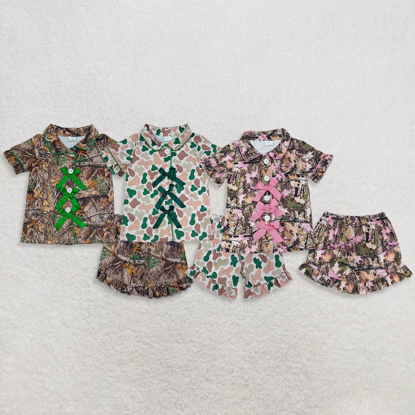 Sibling Baby Girls Kids Bows Buttons Shirts Camo Ruffle Shorts Hunting Pajamas Sets RTS