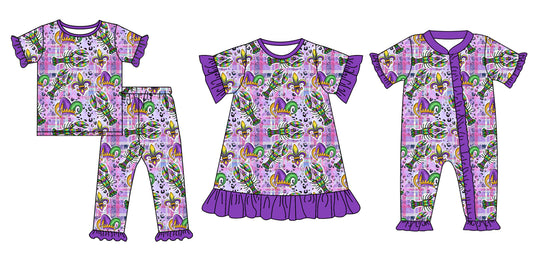 Baby Girl Short Sleeves Mardi Gras Crawfish Purple Sibling Romper Dress Clothes Set ( Moq 5 Each Design )11.21