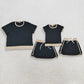 Sibling Baby Girls Adult Women Short Sleeves Black Cotton Shirts Skirts Shorts Sets Summer Clothes RTS