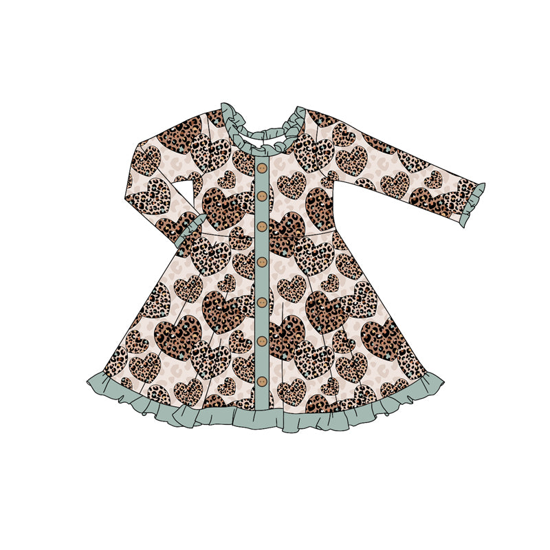 Baby Girl Long Sleeves Valentine Leopard Hearts Buttons Dress