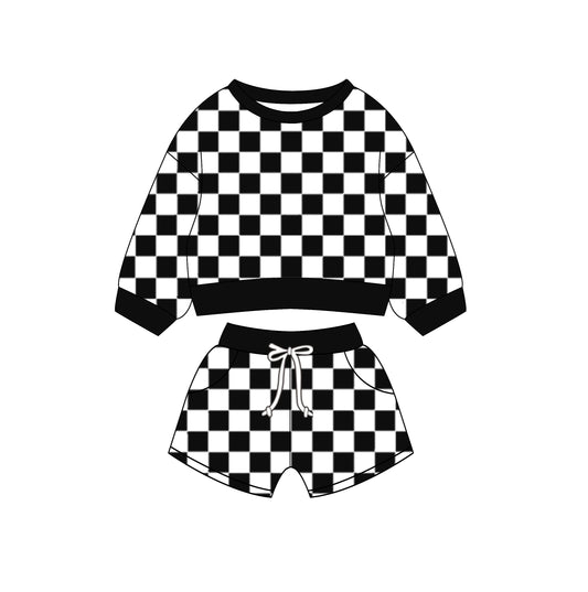 Baby Kids Toddler Long Sleeves Black Checkered Shirt Pocket Shorts Set Moq 5