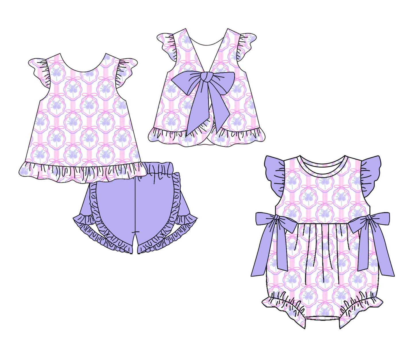 ( Moq 5 Each Style ) Sibling Baby Girls Kids Purple Bows Flower Tops Shorts Set Romper Summer Clothes