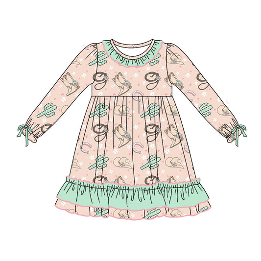 Baby Girl Long Sleeves Western Boots Cactus Dress