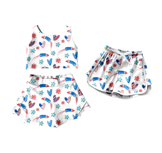 ( Moq 5 Each Style ) Sibling Baby Girls Toddler Hearts 4th of July Shorts Set Summer Clothes