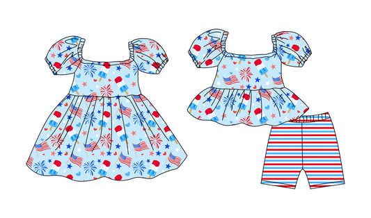 ( Moq 5 Each Style ) Baby Girls Kids Short Sleeves Popsicle Flags Sibling 4th of July Dress Set