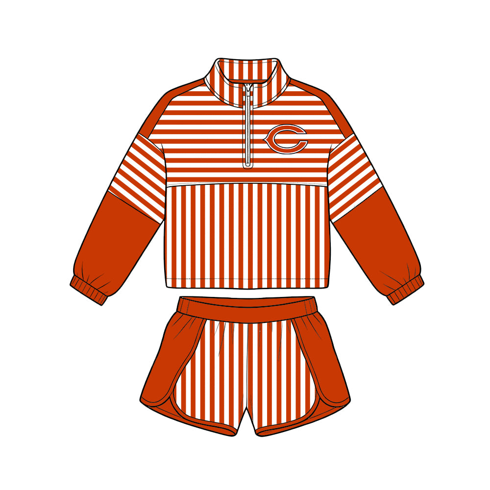 ( Moq 5 ) Baby Girls Kids Long Sleeves Zipper Pullover Stripes Shorts Team Set Clothes
