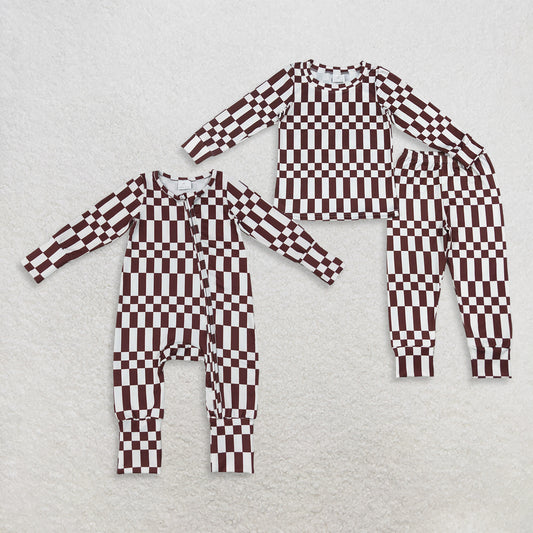 Sibling Baby Boys Kids Long Sleeves Zipper Footie Romper Pajamas Set Checked Clothes RTS