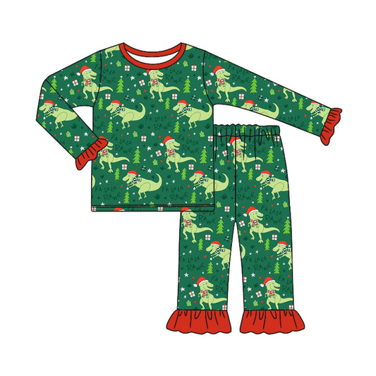 Baby Girl Long Sleeves Dinosaurs Christmas Green Shirt Pants Pajamas Set