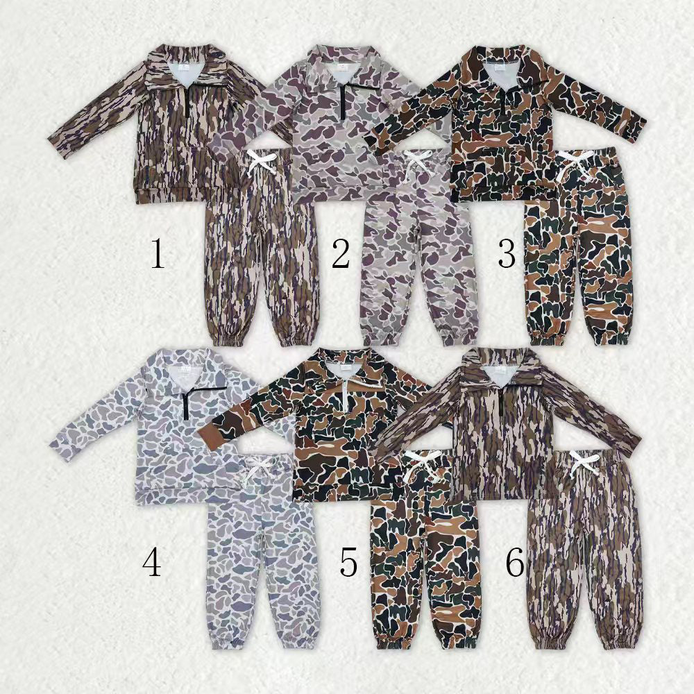 Sibling Baby Boys Kids Long Sleeves Camo Zipper Shirt Pockets Pants Clothes Set RTS