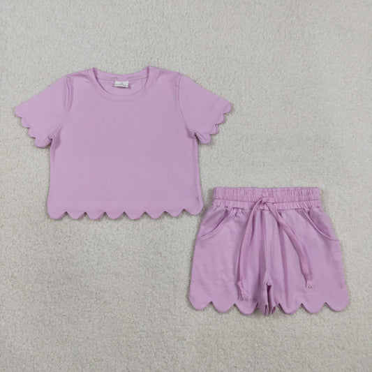 Baby Girls Short Sleeves Lavender Shirt Scallop Shorts Girls Summer Clothes Cotton Set