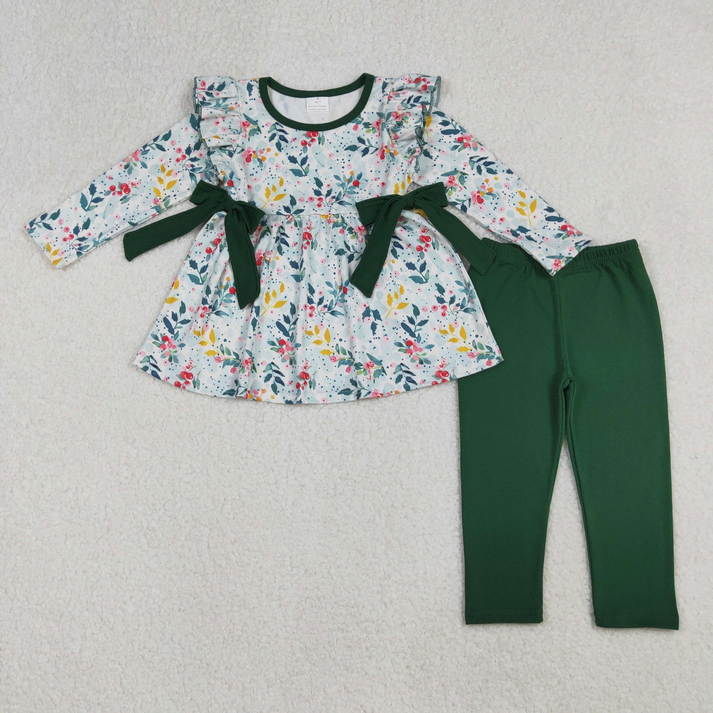 Baby Girl Long Sleeves Flower Bows Tunic Green Cotton Pants Set RTS