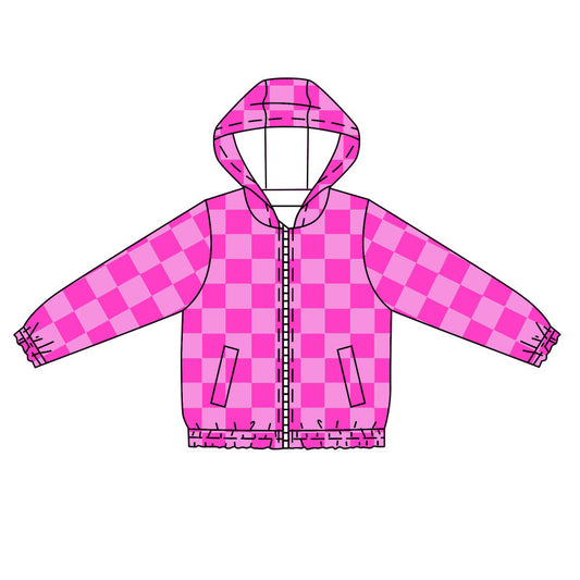 Baby Girl Kids Long Sleeves Checkered Pink Hoodie Zipper Shirt Coat Moq 5