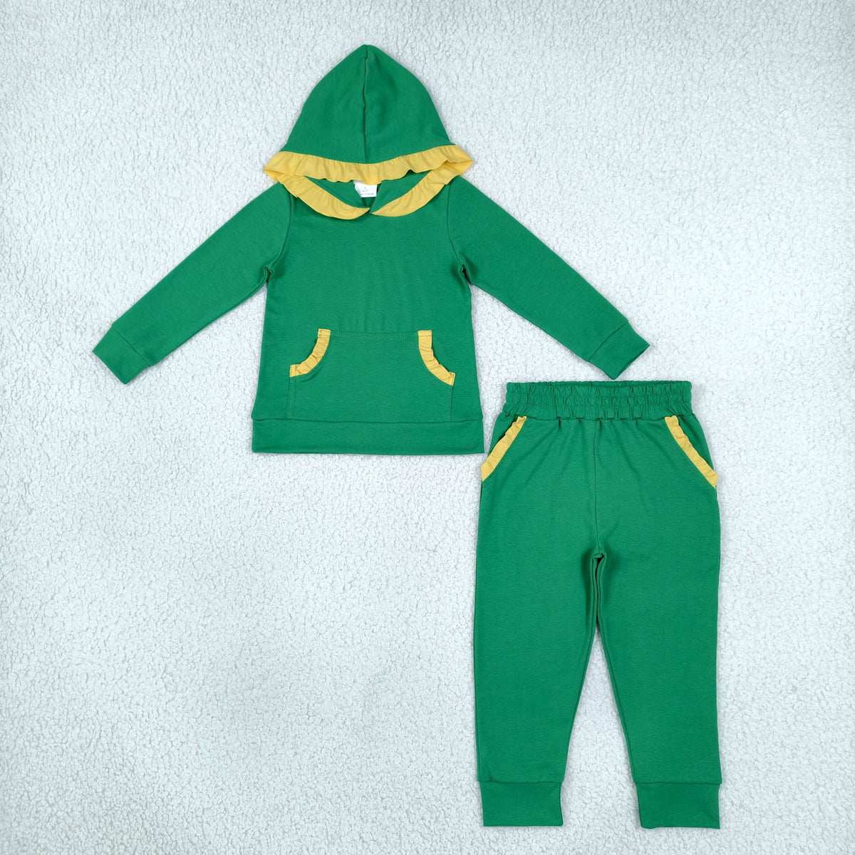 Baby Girls Kids Long Sleeves Yellow Ruffle Hoodie Pullover Pockets Pants Green Set Cotton Clothes RTS