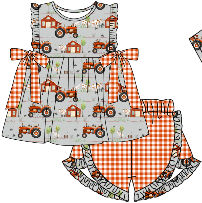 Baby Boy Girl Farm Tractor Cow Sibling Matching Green Dress Romper Clothes Set ( Moq 5 Each style )