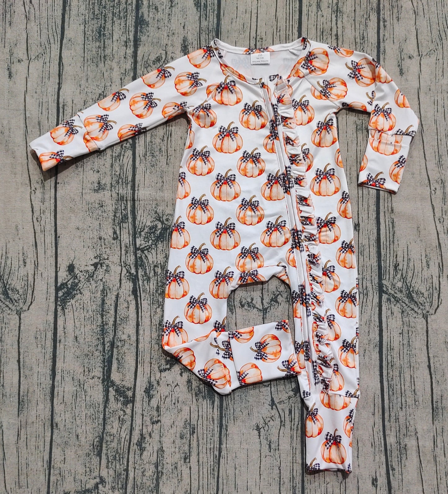 Baby Girl Infant Long Sleeves Pumpkin Bows Ruffle Zipper Fall Romper RTS