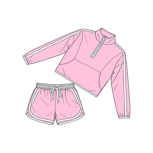 ( Moq 5 ) Preorder Baby Girls Kids Long Sleeves White Zipper Tops Shorts Pink Set Clothes