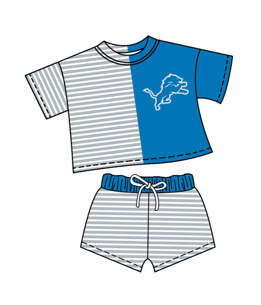 ( Moq 5 ) Baby Girls Short Sleeves Grey Stripes Lion Shirt Shorts Team Clothes Set