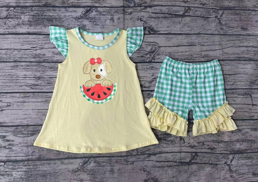 No moq Pre-order GSSO0483 Baby Girl Short Sleeves Dog Watermelon Tops Plaid Ruffle Shorts Summer Set