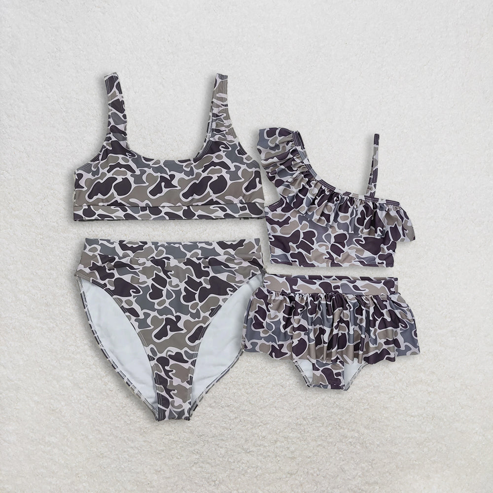 Sibling Baby Girl Adult Women Dark Grey Camo Sibling Family Trunks Mommy and Me Swimsuit RTS