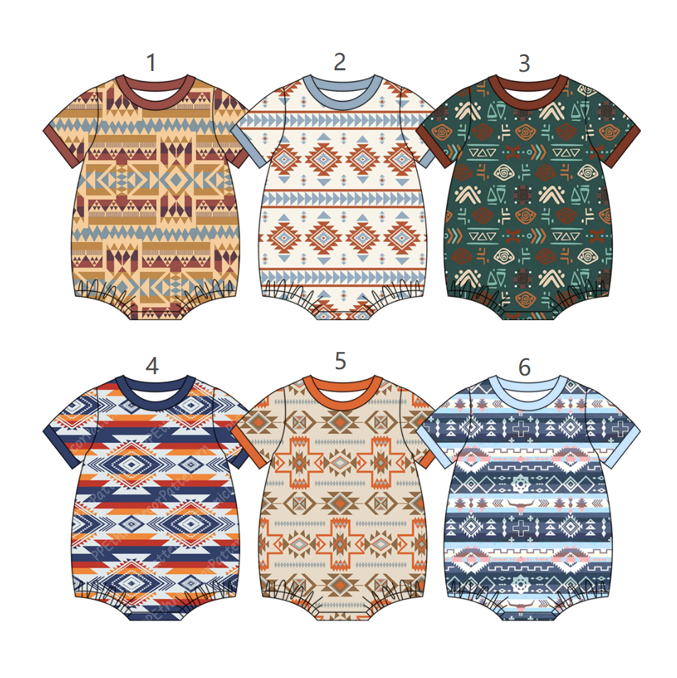 ( Moq 5 Each Style ) Sibling Baby Boys Infant Bows Short Sleeves Western Aztec Rompers Summer Clothes