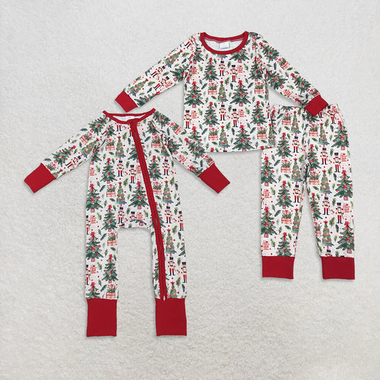 Sibling Baby Boys Christmas Trees Soldiers Gifts Top Pants Pajamas Sets Zipper Footie Rompers