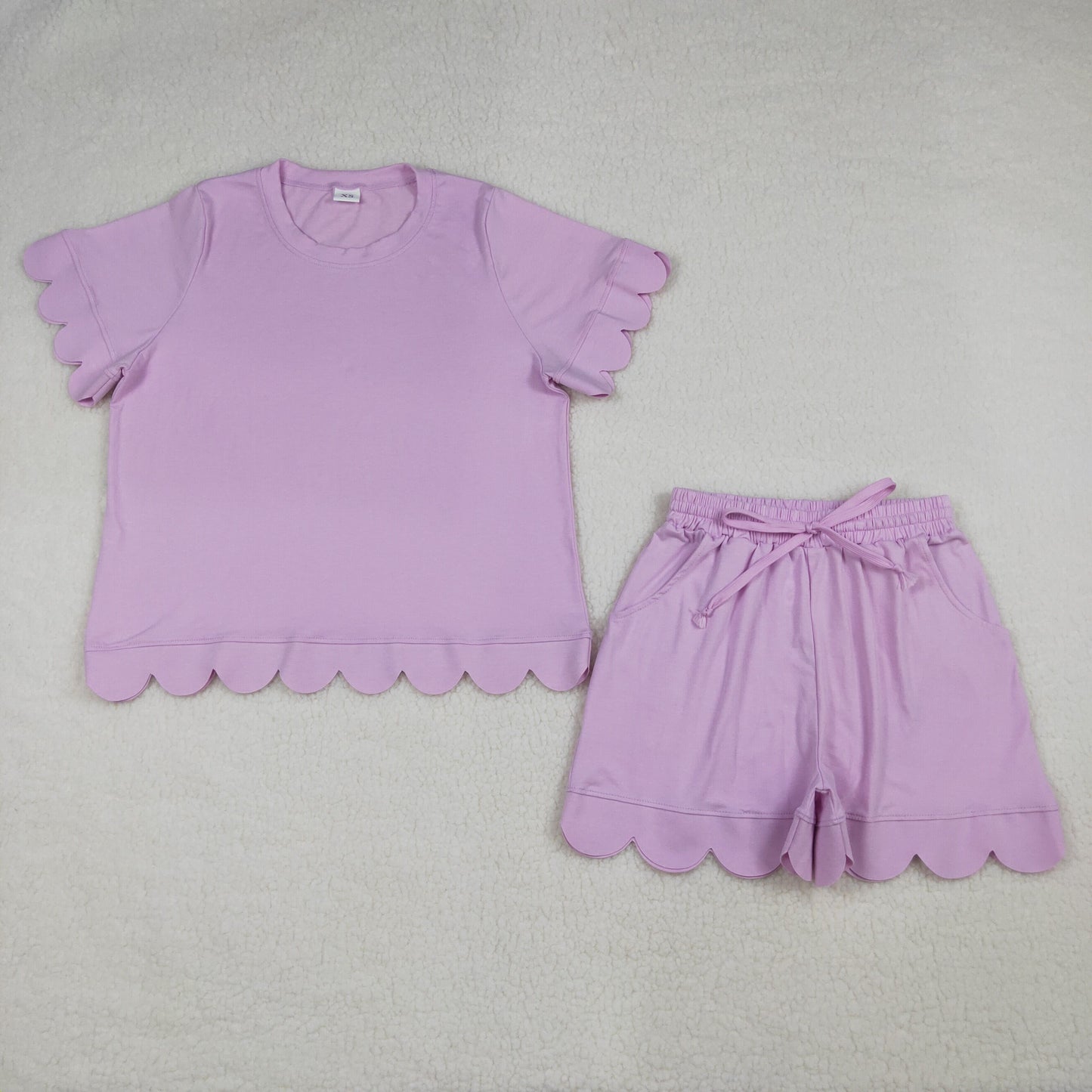 Adult Women Pink Short Sleeves Scallop Shirt Shorts Pajamas Clothes Set RTS