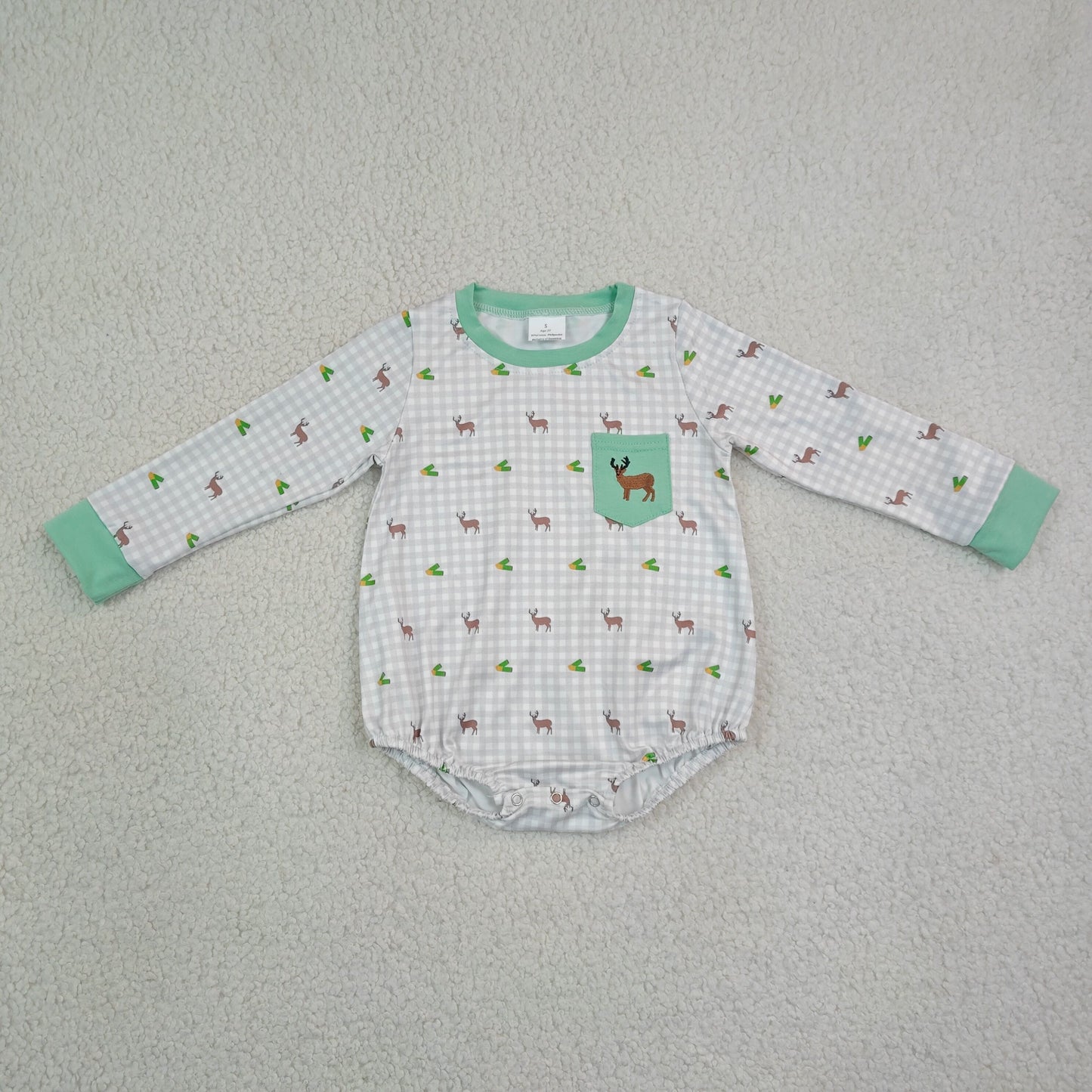 Baby Boys Infant Long Sleeves Embroidery Deer Plaid Pocket Romper Clothes RTS