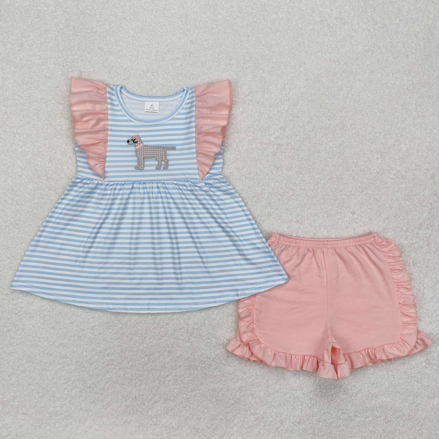 RTS Baby Girl Short Sleeves Stripes Embroidery Dog Tunic Ruffle Shorts Clothes Set