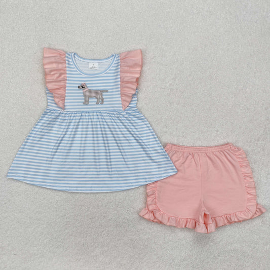 RTS Baby Girl Short Sleeves Stripes Embroidery Dog Tunic Ruffle Shorts Clothes Set