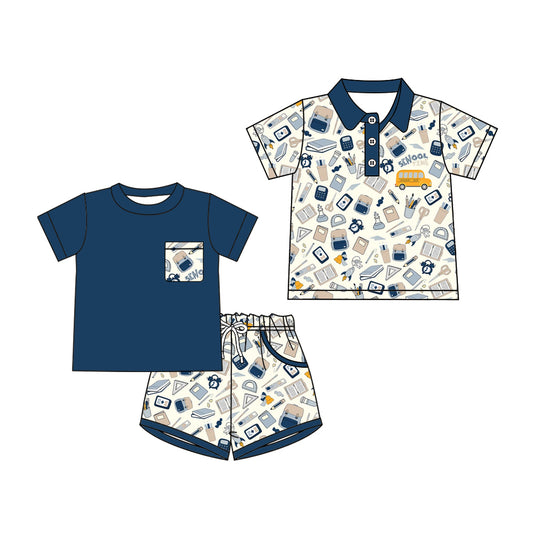 ( Moq 5 Each Style ) Baby Boys Kids Short Sleeves Pencil Sibling Back to School Navy Shirt Set