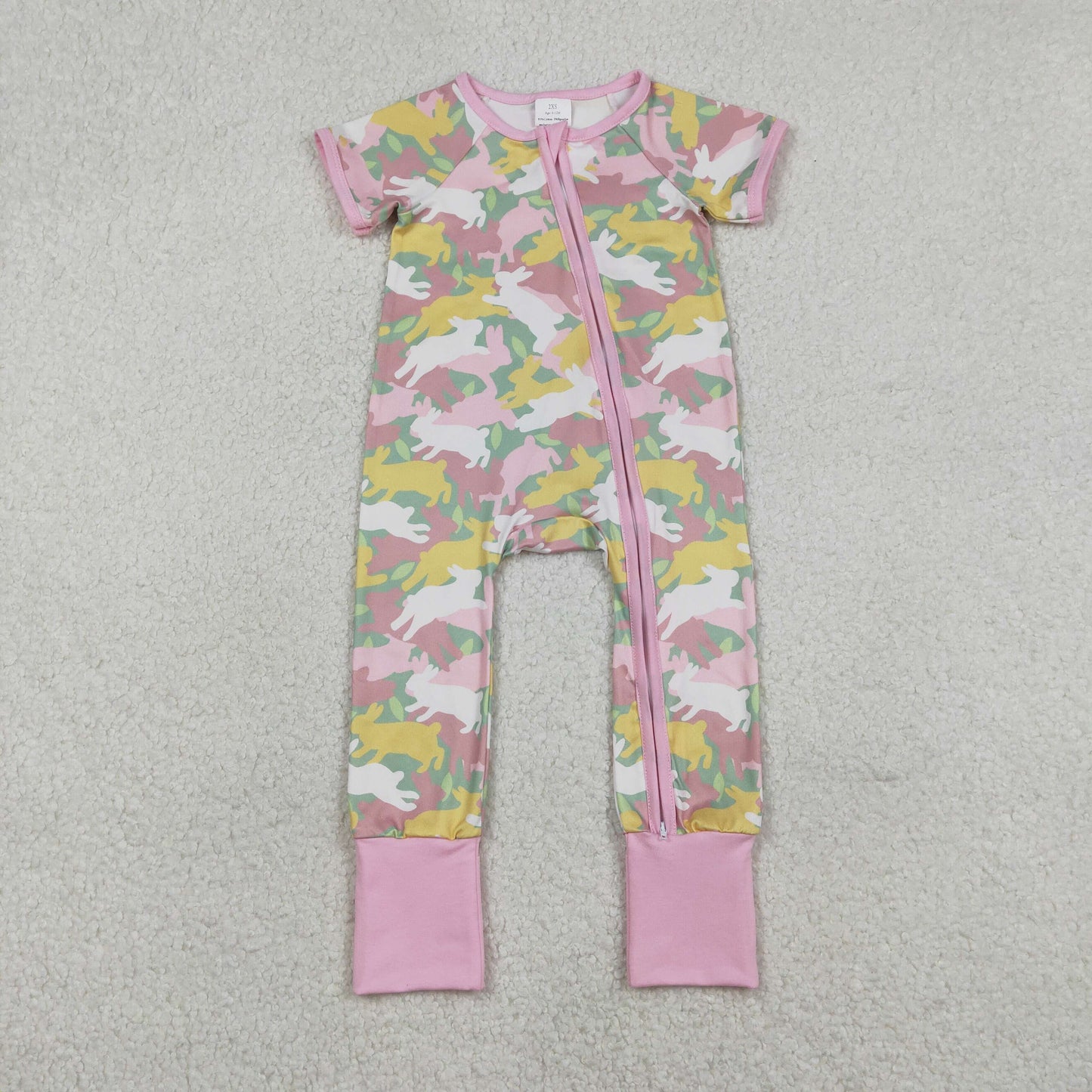 Baby Girls Short Sleeves Rabbits Camo Zipper Footie Easter Romper RTS