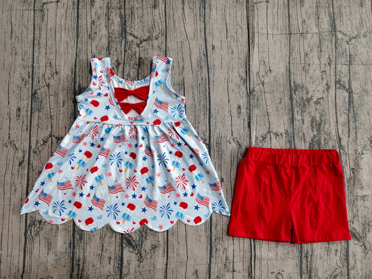 ( No moq ) Preorder Baby Girls Kids Sleeveless Popsicle Flags Tops Red Shorts 4th of July Set