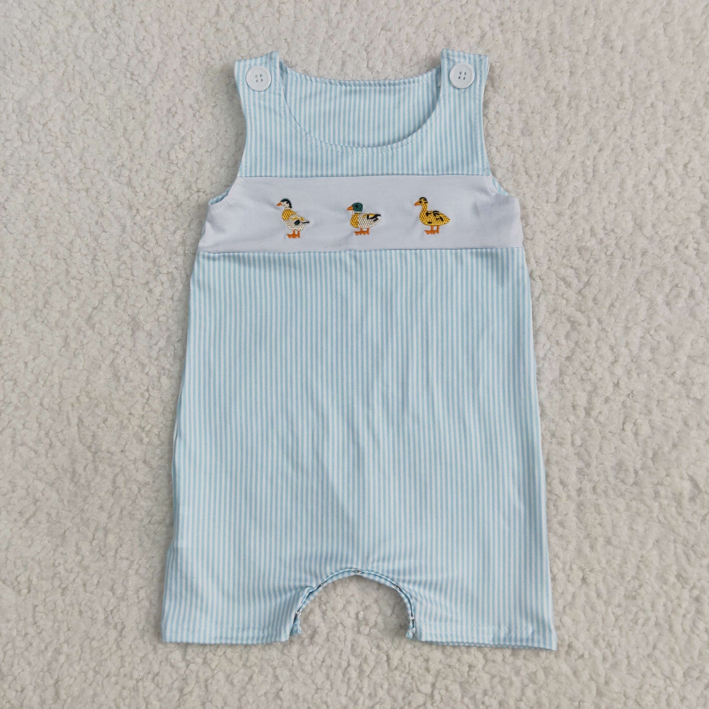 Baby Boy Infant Sleeveless Blue Stripes Embroidery Ducks Romper RTS