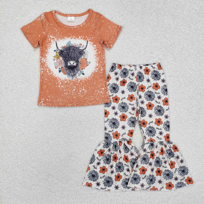 Baby Girl Short Sleeves Western Cow Flower Sibling Sister Dress Clothes Set