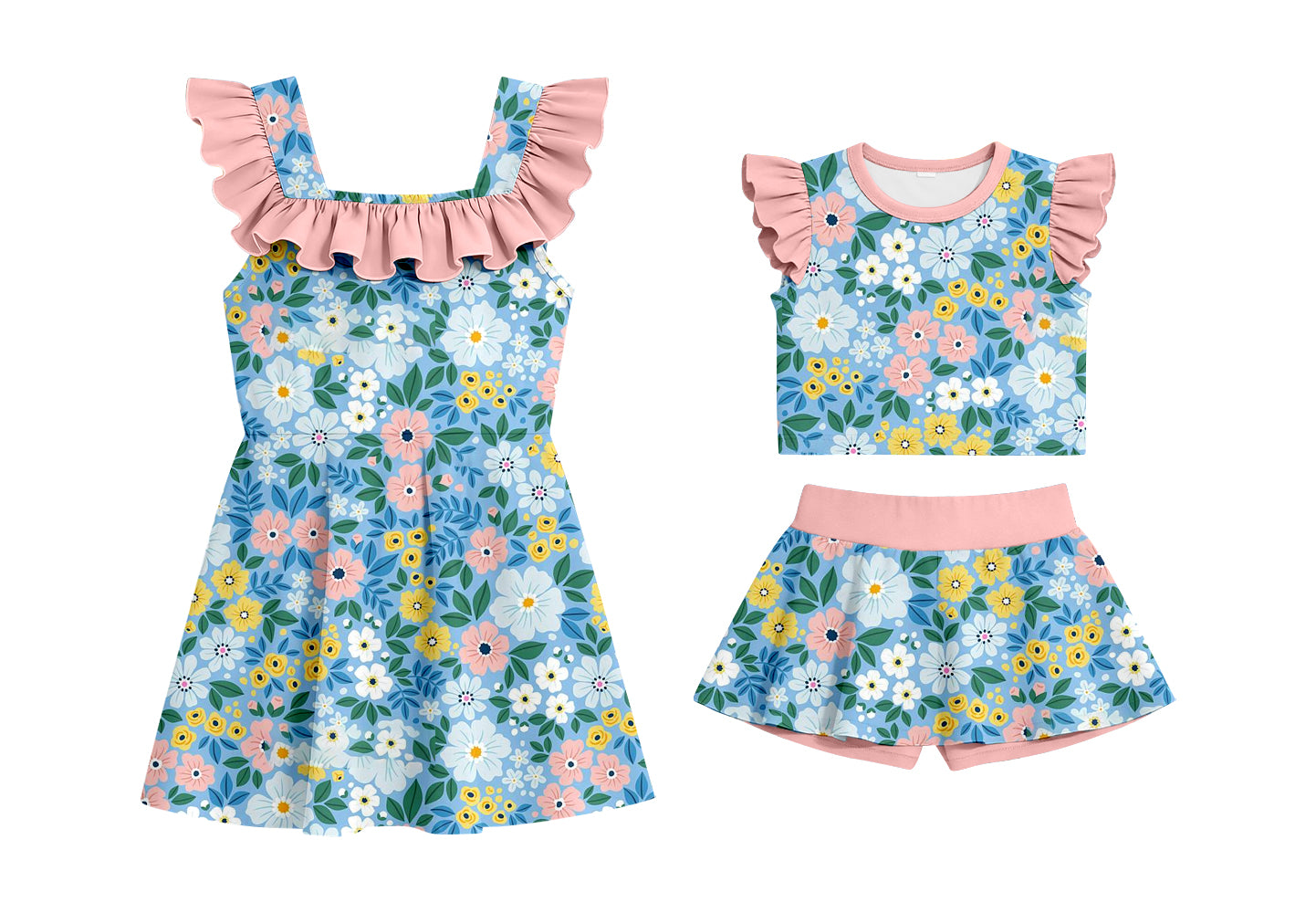 ( Moq 5 Each Style ) Baby Girls Kids Short Sleeves Hearts Sibling Summer Ruffle Dress Set