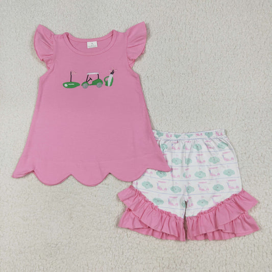 Baby Girl Short Sleeves Embroidery Golf Pink Shirt Ruffle Shorts Set