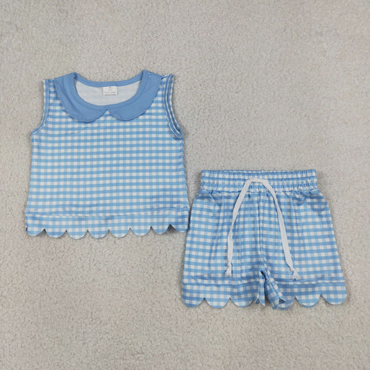 Baby Girls Kids Blue Plaid Shirt Scallop Shorts Summer Set Clothes RTS