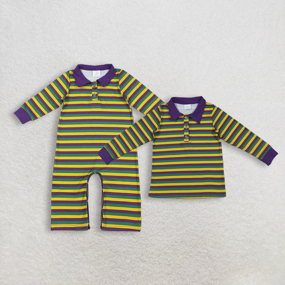 Sibling Baby Boys Kids Long Sleeves Mardi Gras Strips Buttons Romper Pullover Shirt RTS
