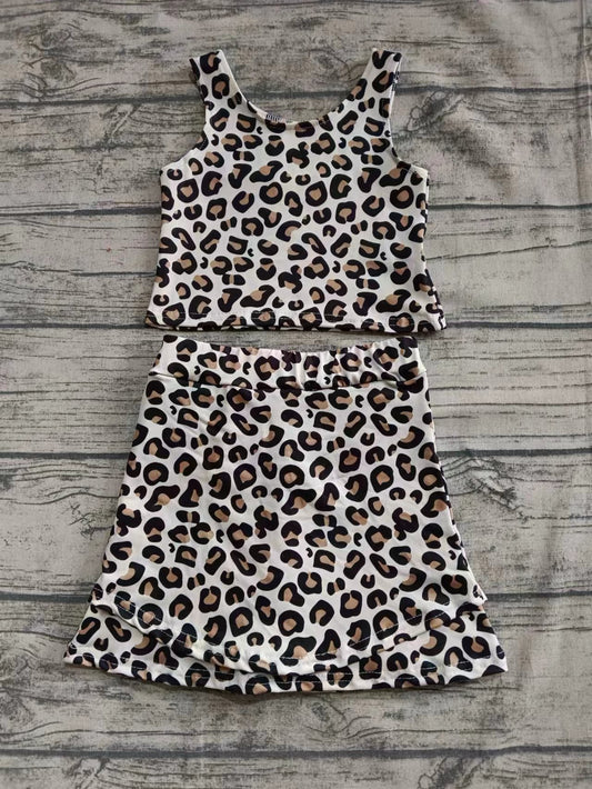 ( Moq 5  ) Baby Girl Sleeveless Leopard Shirt Shorts Skirt Skort Set