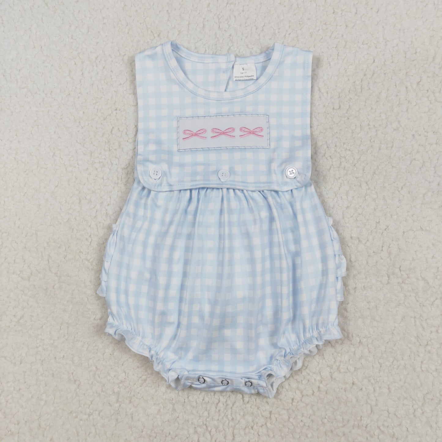 RTS Baby Girl Infant Sleeveless Blue Plaid Embroidery Bows Ruffle Bubble Romper