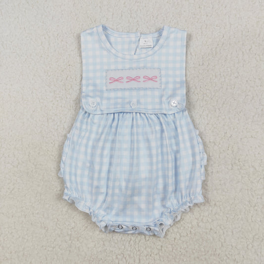 RTS Baby Girl Infant Sleeveless Blue Plaid Embroidery Bows Ruffle Bubble Romper