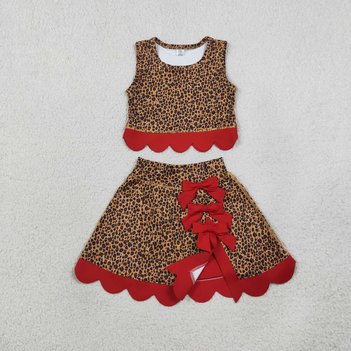 Baby Girls Kids Sleeveless Leopard Shirt Scallop Bows Skirt Shorts Yoga Active Set Clothes RTS