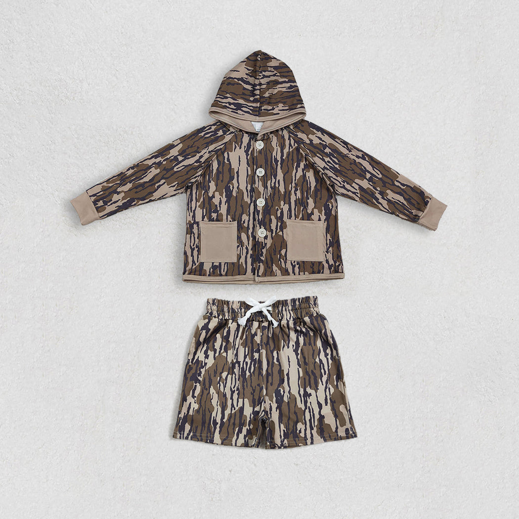 Sibling Baby Boys Southern Camo Buttons Pockets Hoodies Tops Shorts Hunting Clothes Sets RTS
