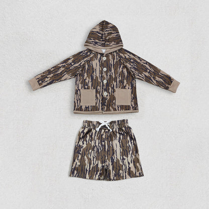 Sibling Baby Boys Southern Camo Buttons Pockets Hoodies Tops Shorts Hunting Clothes Sets RTS
