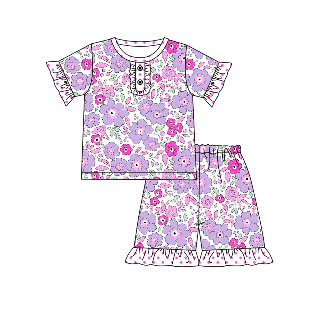 Baby Girl Short Sleeves Shirt Shorts Pajamas Purple Clothes Flower Set Moq 5