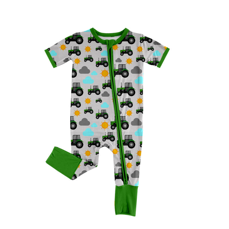 Baby Boy Infant Short Sleeves Farm Tractor Zipper Green Romper Moq 5