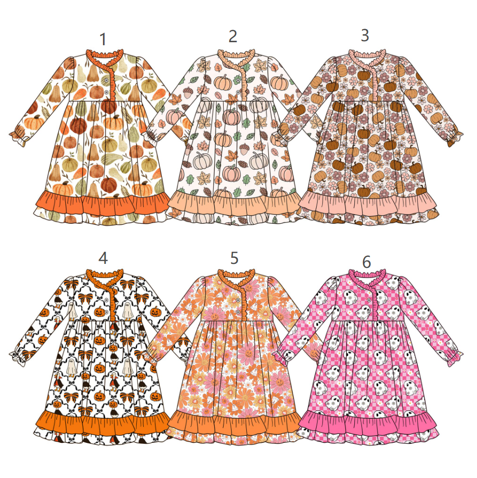( Moq 5 Each Style ) Sibling Baby Girls Kids Long Sleeves Pumpkins Ghosts Dresses Fall Clothes