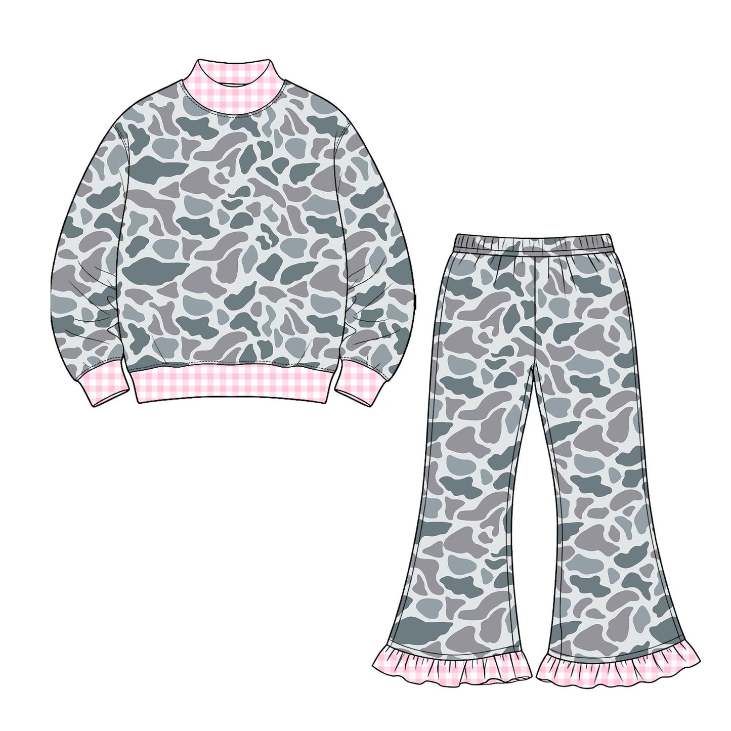 ( Moq 5 ) Preorder Baby Girls Kids Long Sleeves Plaid Pullover Grey Camo Bell Pants Set Clothes