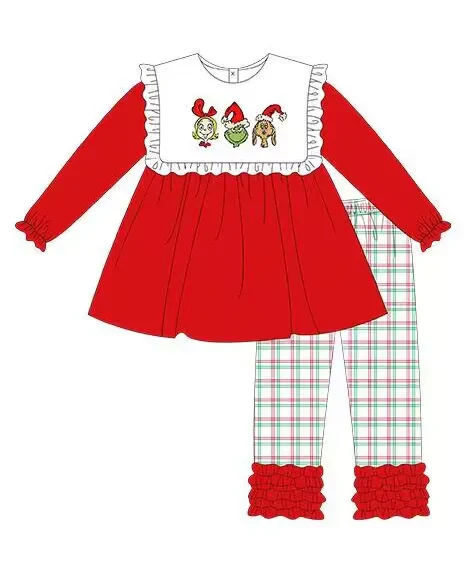 Baby Girl Red Long Sleeves Christmas Tunic Plaid Ruffle Set Moq 5