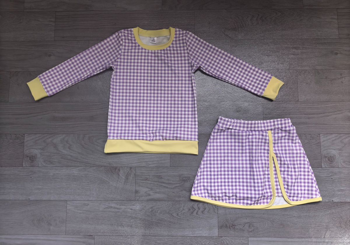 ( No moq ) Preorder Baby Girls Kids Long Sleeves Purple Plaid Shirt Skirt Shorts Set Yoga Active Clothes
